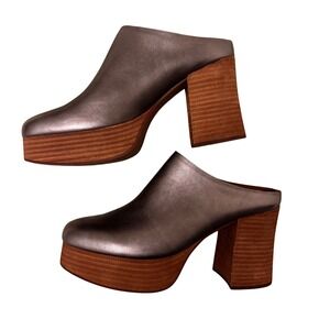 Kork-Ease Veronica Platform Mule Antique Silver Leather Wood Block Heel Shoes